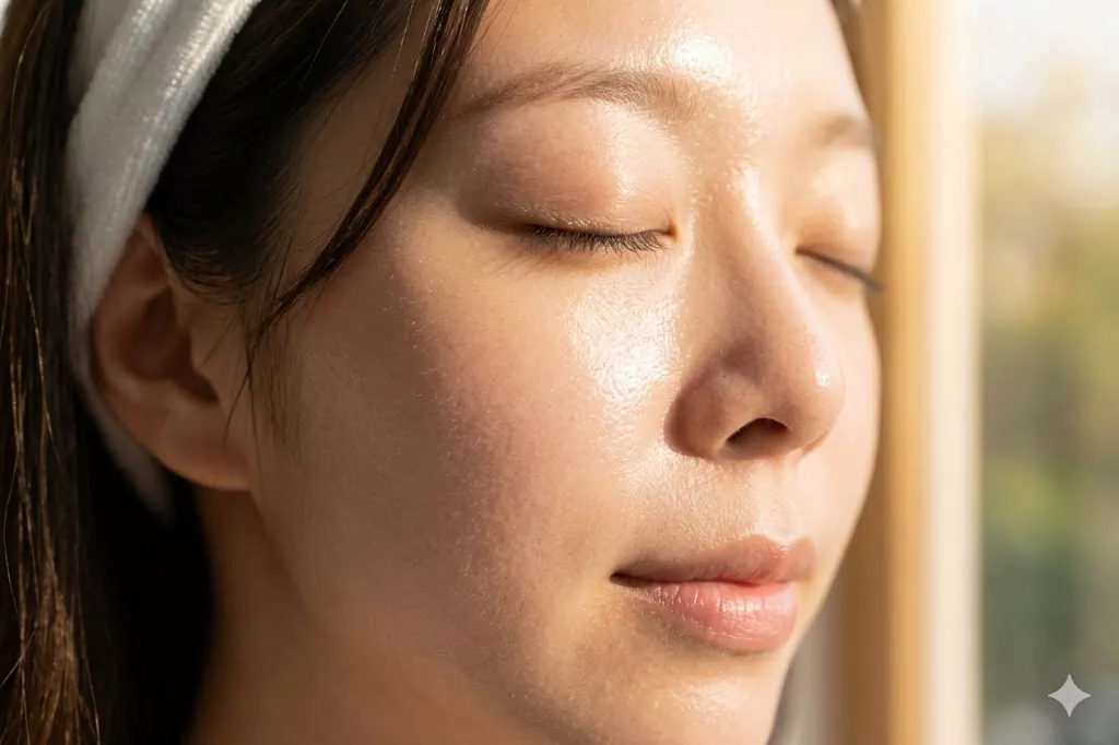 5 Steps to a Flawless Skin Flooding Routine for That Iconic Glass Skin Glow 3 Close-up of radiant and dewy 'glass skin' texture on a cheek, demonstrating the successful result of a complete skin flooding routine.