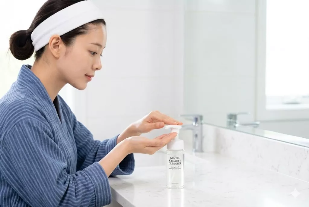5 Major Red Flags to Avoid When choosing a gentle k beauty cleanser 2 A young woman dispensing a low-pH formula into her hand, illustrating the first step of choosing a gentle k beauty cleanser for a healthy skin barrier