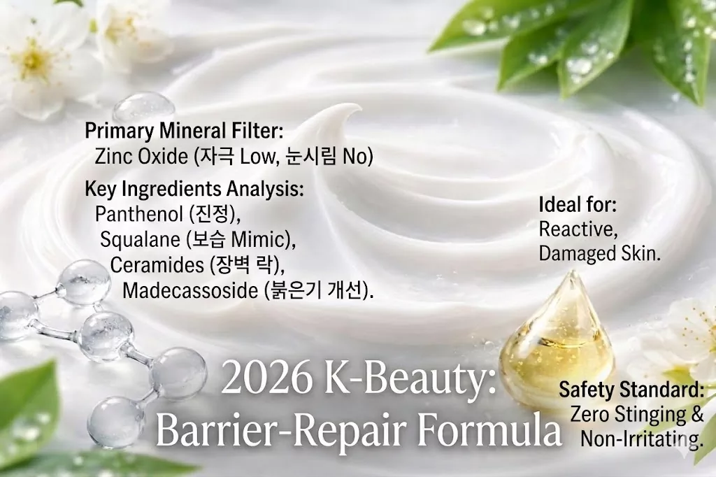 The Ultimate Guide to Finding a non irritating k beauty sunscreen in 2026 1 Informational infographic graphic analysis for a 2026 non irritating K Beauty sunscreen formula focusing on barrier repair with Zinc Oxide, Ceramides, and Panthenol.