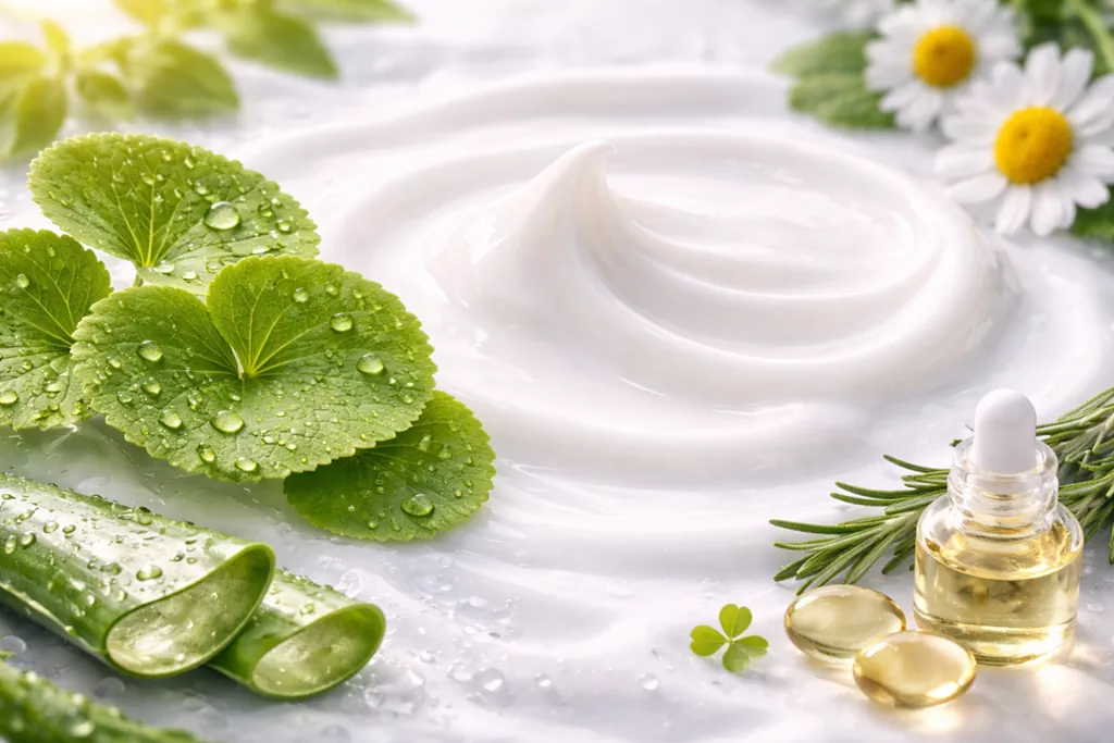Finding the Best Sensitive Skin K Beauty Moisturizer: A 2026 Barrier-First Guide 1 An artistic swirl of white cream integrated with Centella Asiatica and Aloe, demonstrating the premium botanical formula of the best sensitive skin k beauty moisturizer.