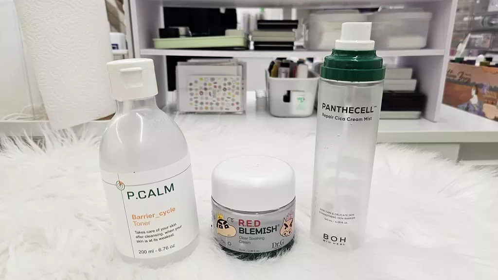 How-to-fix-damaged-skin-barrier-7-day-guide: The Ultimate Recovery Plan 1 A K-beauty skin recovery kit featuring P.CALM, Dr.G, and BOH products as part of the how-to-fix-damaged-skin-barrier-7-day-guide for sensitive skin.