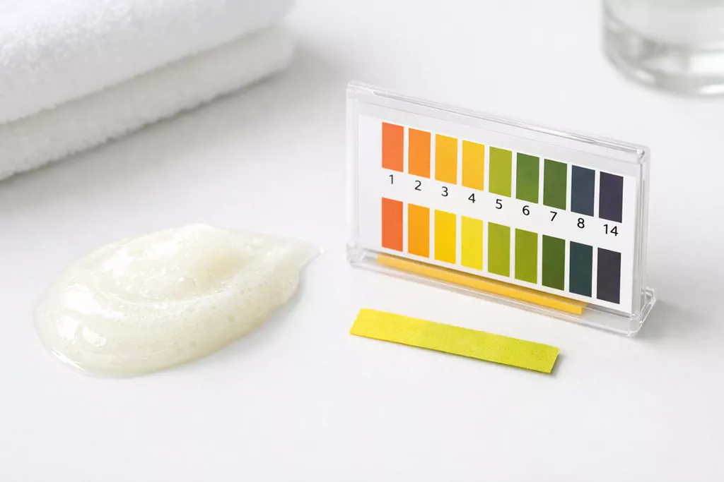 The Ultimate Gentle K Beauty Cleanser: Why Your Skin Barrier is Screaming for Help 2 Visual scientific proof: a dipped test strip matching the pH 5.5 color chart next to a Gentle K Beauty Cleanser gel formulation.