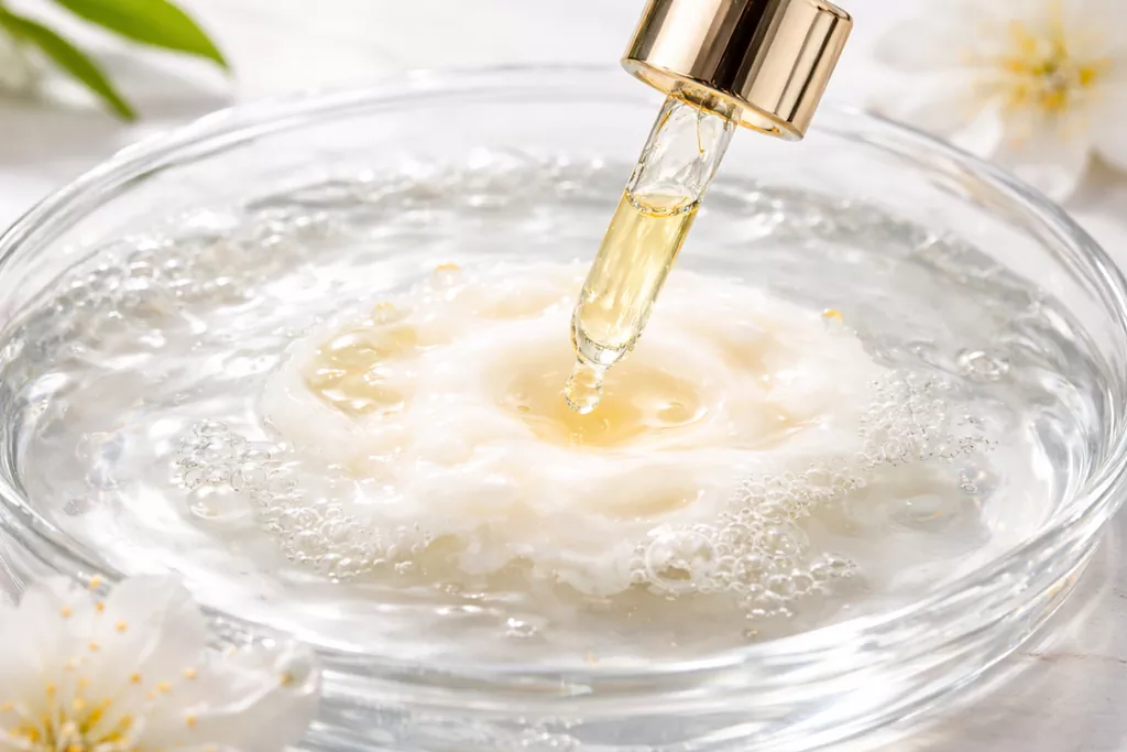 Best cleansing oil for sensitive skin k beauty: How to Double Cleanse Without Irritation 2 A golden oil droplet from a glass pipette transforming into a milky emulsion in water, demonstrating the effective emulsification process of the best cleansing oil for sensitive skin k beauty.