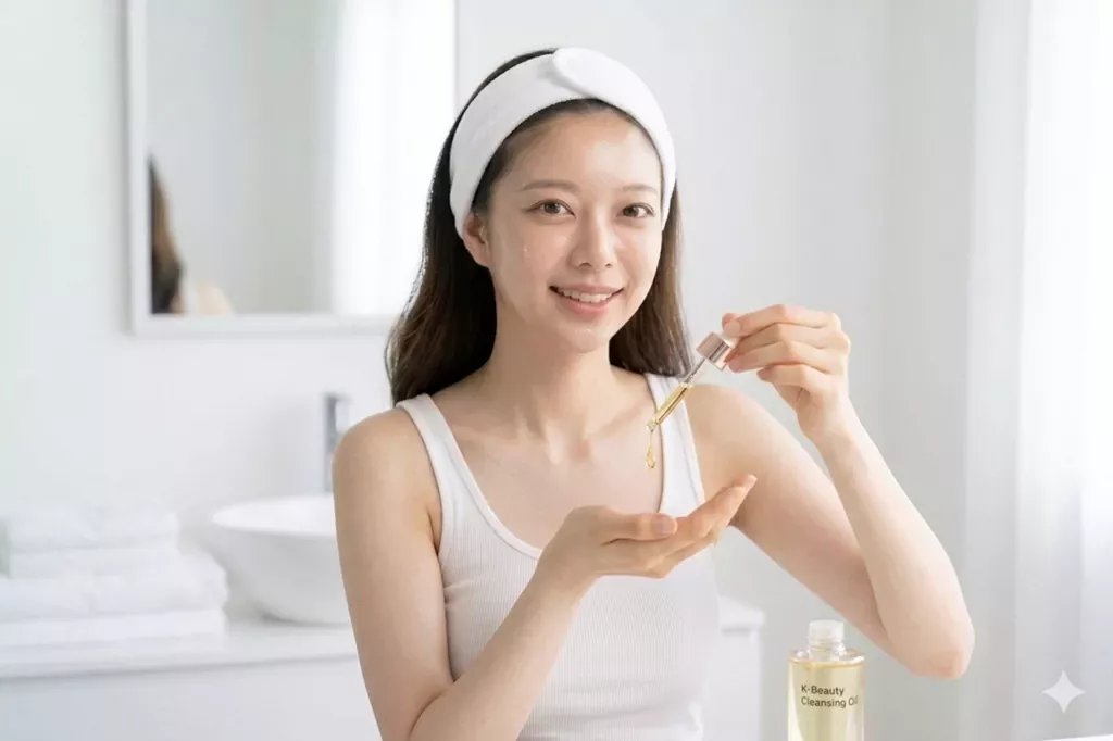 K-Beauty Double Cleansing Guide: The Ultimate Reset for Glowing Skin 1 A young woman with radiant skin using a dropper to apply oil, following the **K-Beauty Double Cleansing Guide** to melt away makeup.