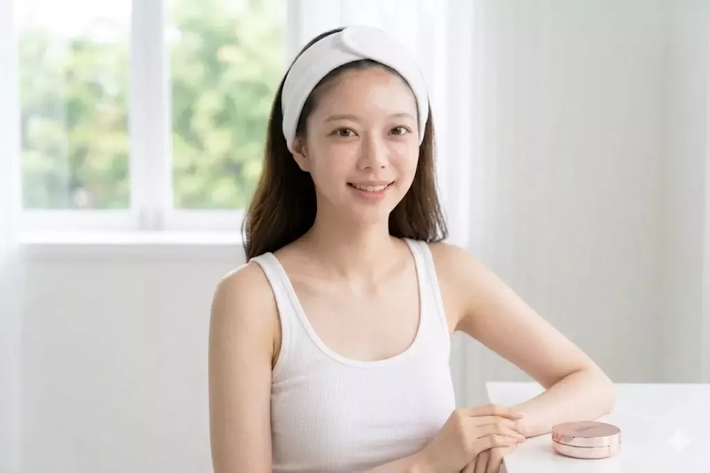 K-Beauty Cushion Foundation Guide: How to Get That "Filter-In-A-Compact" Glow 2 The final radiant results of the **K-Beauty Cushion Foundation Guide**, showing a woman with a smooth, blurred, and dewy complexion in natural light.
