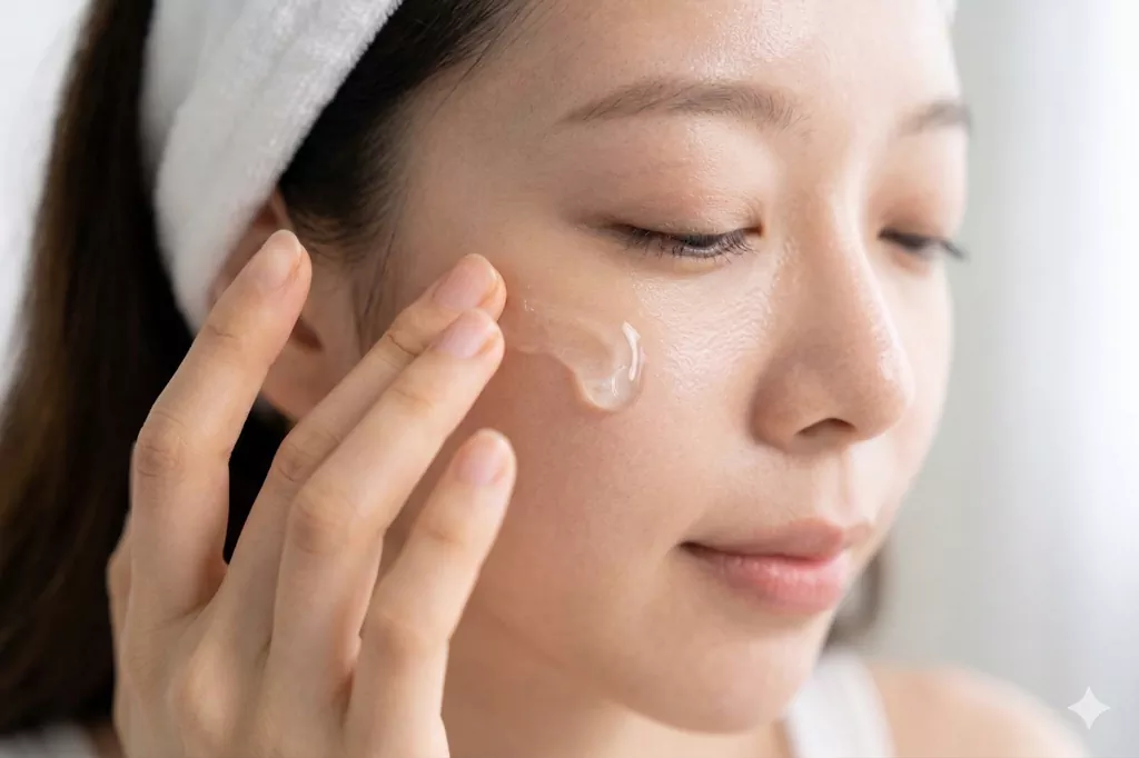 5 Steps to a Flawless Skin Flooding Routine for That Iconic Glass Skin Glow 2 An East Asian woman applying a clear, hydrating humectant serum to her cheek as part of a strategic skin flooding routine.