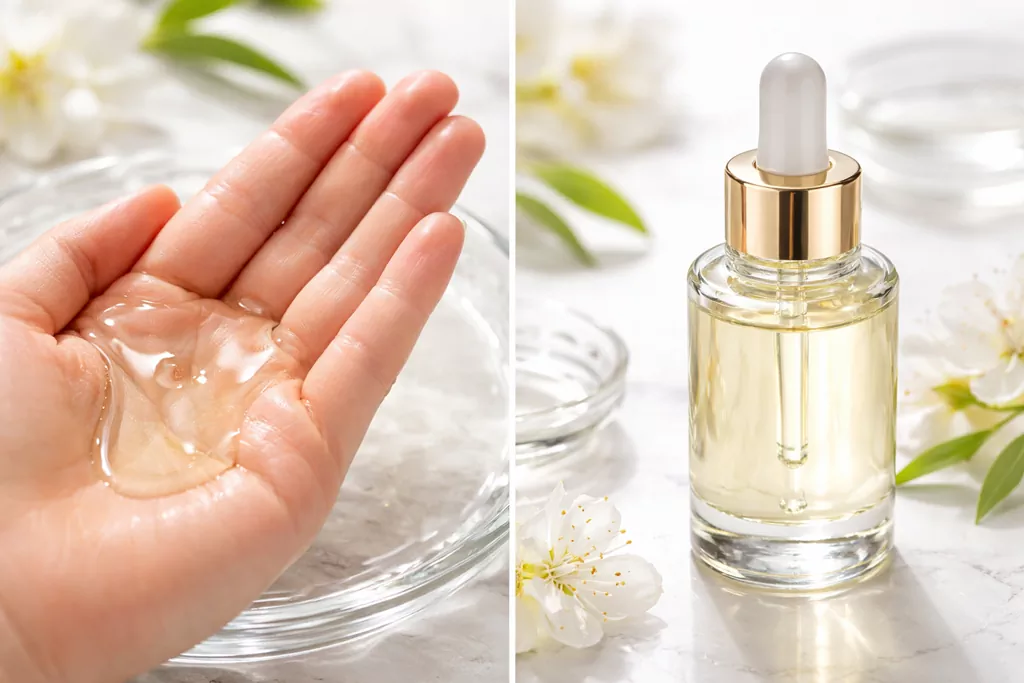 Best cleansing oil for sensitive skin k beauty: How to Double Cleanse Without Irritation 1 A hand holding the clear liquid of the best cleansing oil for sensitive skin k beauty next to a premium botanical glass bottle.