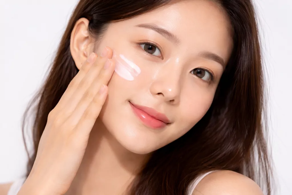The Ultimate Guide to Finding a non irritating k beauty sunscreen in 2026 2 Young East Asian woman gently applying a smooth white cream texture non irritating K Beauty sunscreen to her glowing cheek with her fingers.