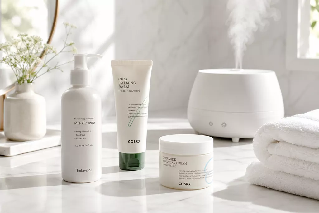 How to Fix Damaged Skin Barrier: 7-Day Guide 2 A minimalist K-beauty vanity setup demonstrating a routine from the how to fix damaged skin barrier 7 day guide.