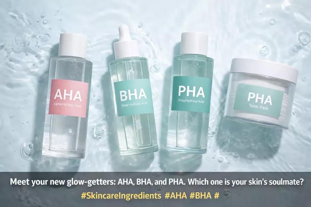 K-Beauty Exfoliation Guide: How to Get Glass Skin Without the Scrub 2 A selection of gentle chemical exfoliants like AHA, BHA, and PHA as described in the K-Beauty Exfoliation Guide.