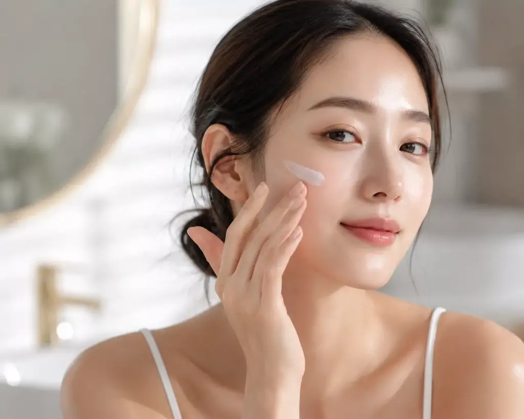 The Ultimate Guide to Finding a Non Irritating K Beauty Sunscreen 3 A 2030 woman applying a non irritating k beauty sunscreen using the dual micro layering technique for a glass skin glow.