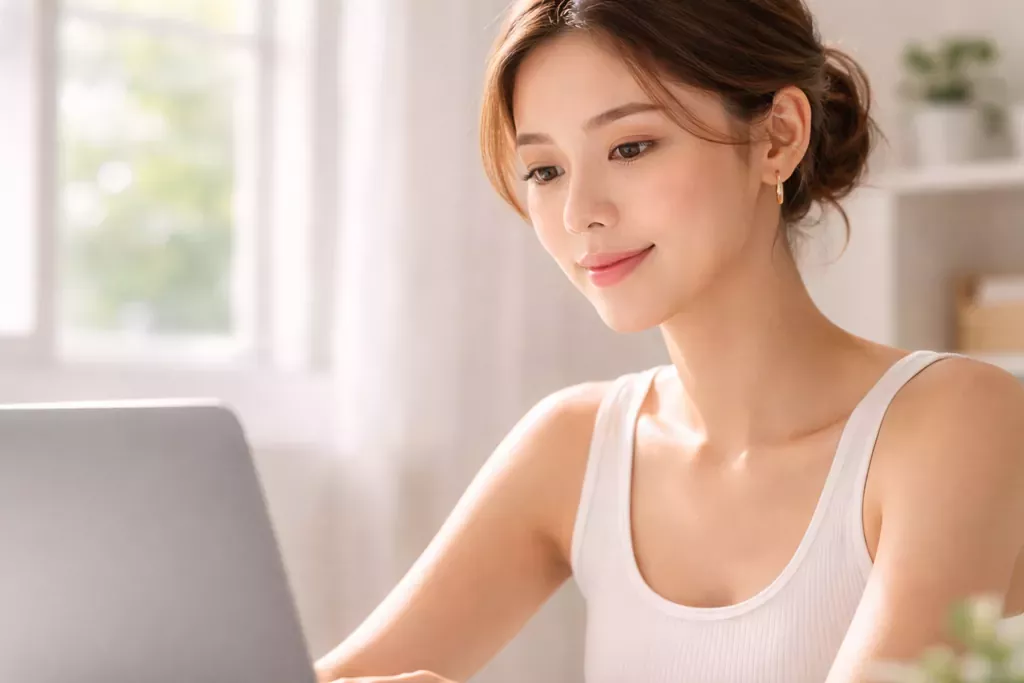 K-Beauty Sunscreen Guide: Protecting Your Active Ingredient Investment 3 A young woman protected from indoor UVA and digital blue light by following the K-Beauty Sunscreen Guide strictly.