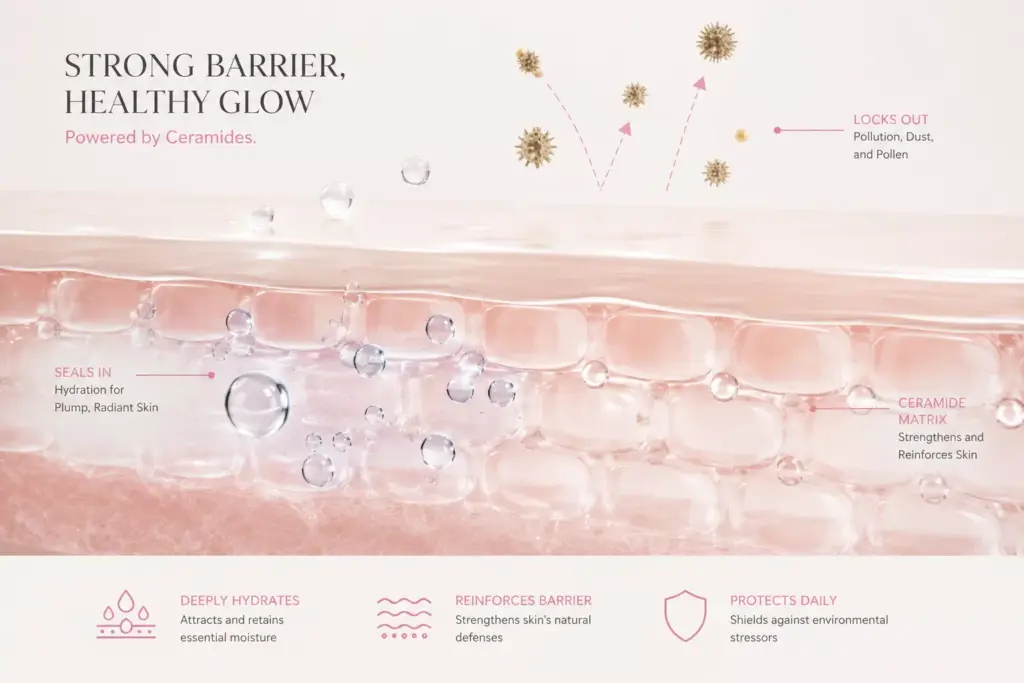 Ceramides Benefits for Skin: The Ultimate K-Beauty Barrier Sealant 2 A visual breakdown of ceramides benefits for skin acting as a microscopic barrier sealant between skin cells to prevent dehydration.