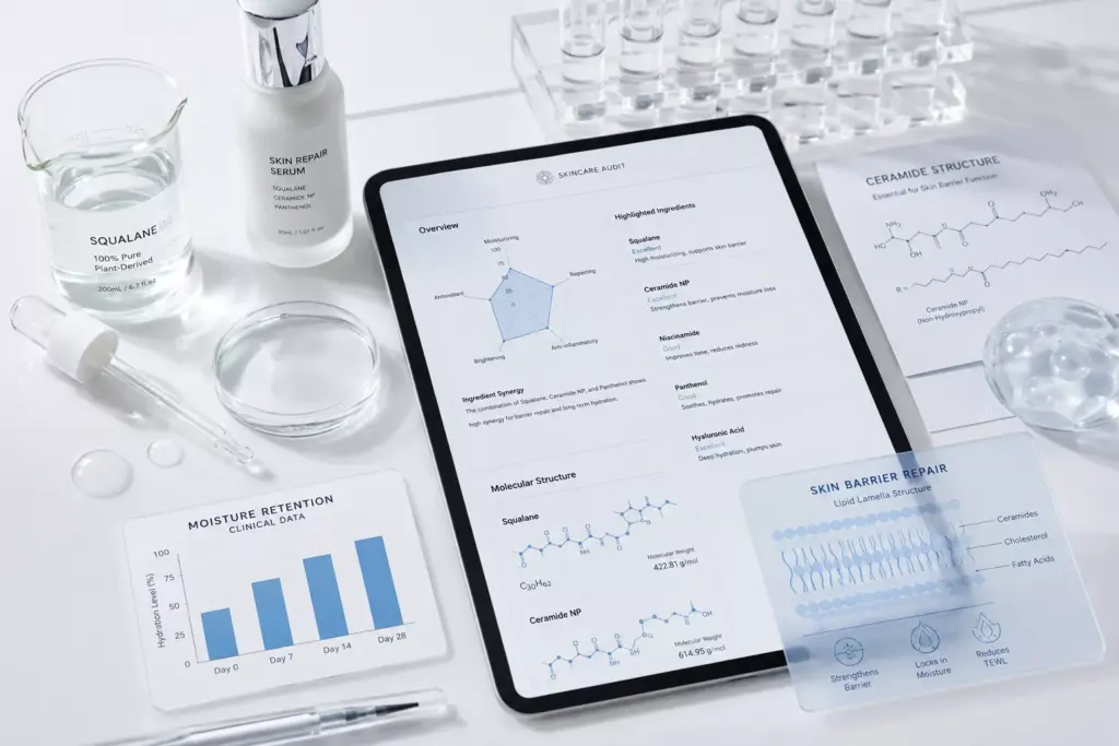 Clean beauty enough for sensitive skin: The Ultimate Greenwashed Barrier Audit 2 A scientific, data-driven skincare audit showing clean beauty enough for sensitive skin with a digital ingredient analysis screen and molecular compounds like ceramides.