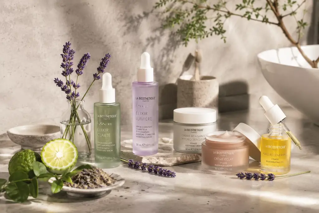 Clean beauty enough for sensitive skin: The Ultimate Greenwashed Barrier Audit 1 Aesthetic clean beauty enough for sensitive skin cosmetic bottles displayed next to irritating botanical plants and harsh ingredients.