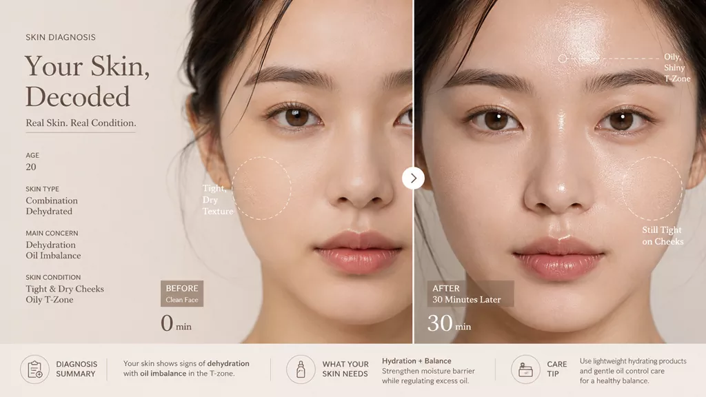 Rebalancing Dehydrated Oily Skin: The "Water-First" Science to Fixing the Shiny-Yet-Tight Paradox 1 A professional split-screen diagnostic guide showcasing a 30-minute self-test for dehydrated oily skin.