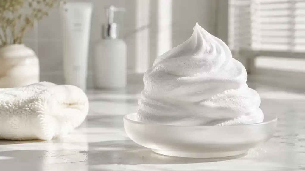 The Ultimate Gentle K Beauty Cleanser: Why Your Skin Barrier is Screaming for Help 3 A close-up of a rich, pillowy micro-foam texture from a Gentle K Beauty Cleanser being lathered in hands.