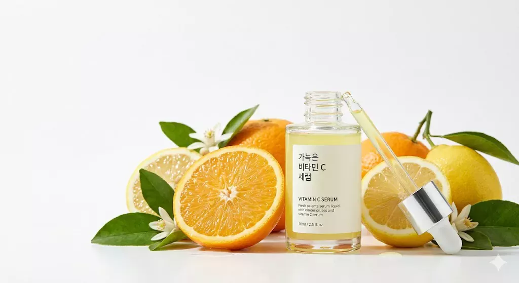 K-Beauty Vitamin C Guide: How to Brighten Skin Without the Sting 2 A fresh, pale yellow serum bottle illustrating the K-Beauty Vitamin C Guide for maximum potency.