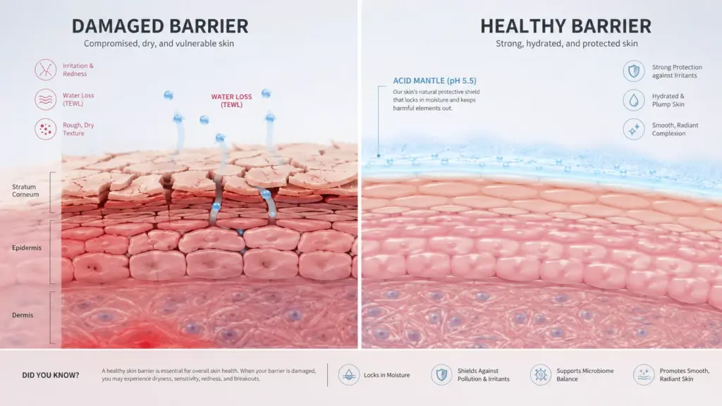 The Ultimate Gentle K Beauty Cleanser: Why Your Skin Barrier is Screaming for Help 2 A side-by-side scientific comparison of a damaged skin barrier vs a healthy skin barrier protected by a Gentle K Beauty Cleanser.