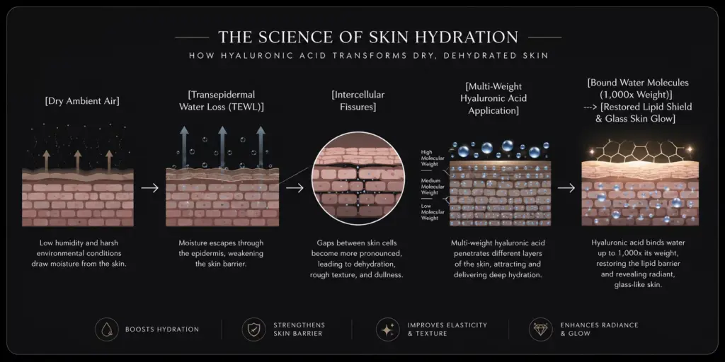 Master the Glow: Unlocking Hyaluronic Acid Benefits for Skin to Transform a Dehydrated Barrier 2 A structural diagram demonstrating the chemical process and Hyaluronic Acid Benefits for Skin during seasonal changes.