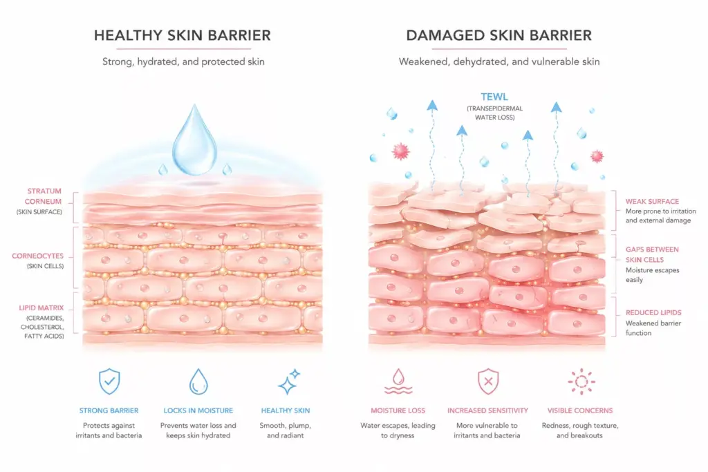 K-Beauty Barrier Repair Guide: How to Fix a Damaged Skin Barrier 2 Scientific diagram illustrating a compromised stratum corneum for the K-Beauty Barrier Repair Guide.