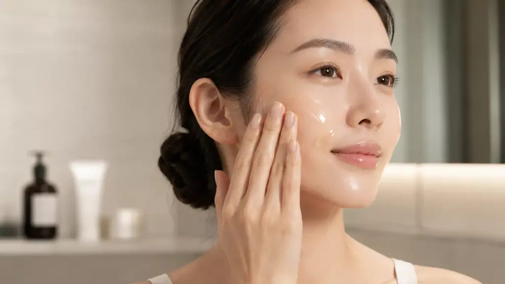 K-Beauty Double Cleansing Guide: The Ultimate Reset for Glowing Skin 3 A detailed K-Beauty Double Cleansing Guide demonstrating the first step using a lightweight cleansing oil on dry skin.