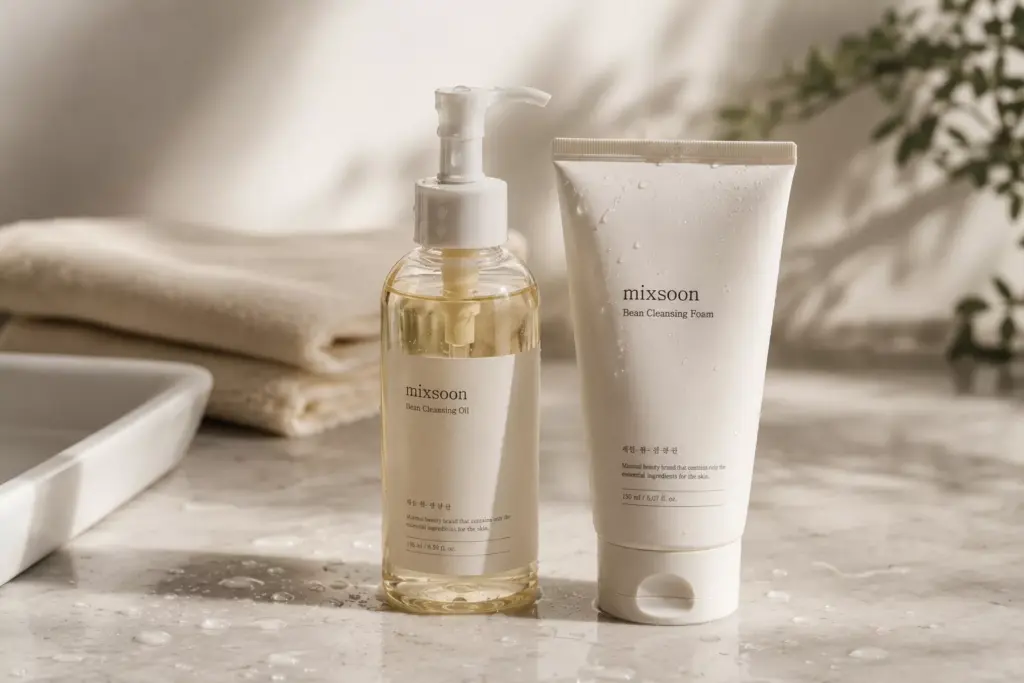 How to Double Cleanse Without Irritation: Finding the Best cleansing oil for sensitive skin k beauty 3 A minimalist K-beauty vanity setup featuring the best cleansing oil for sensitive skin k beauty paired with a gentle low-pH cleanser for a non-irritating double cleanse.