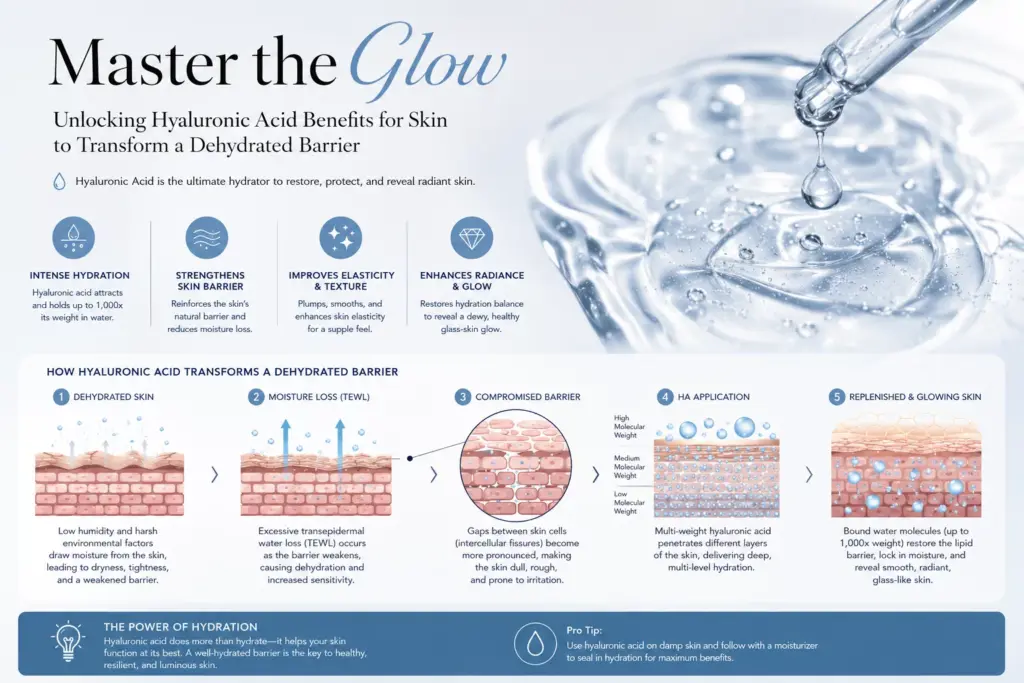 Master the Glow: Unlocking Hyaluronic Acid Benefits for Skin to Transform a Dehydrated Barrier 3 A close-up shot of a 20s-30s woman showing a dewy, translucent complexion achieved by utilizing Hyaluronic Acid Benefits for Skin.