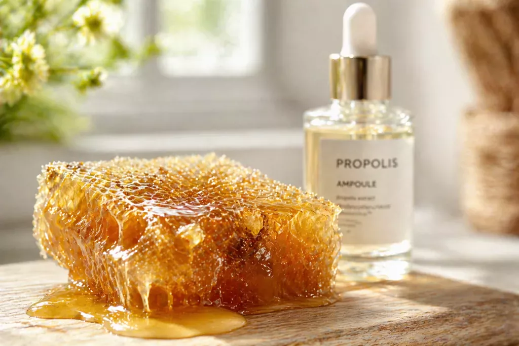 K-Beauty Glow Secret: Unlocking Propolis Extract Benefits for Skin 1 A beautiful close-up of a honeycomb structure glistening in soft daylight, representing the natural Propolis Extract and the desired Honey Glow.