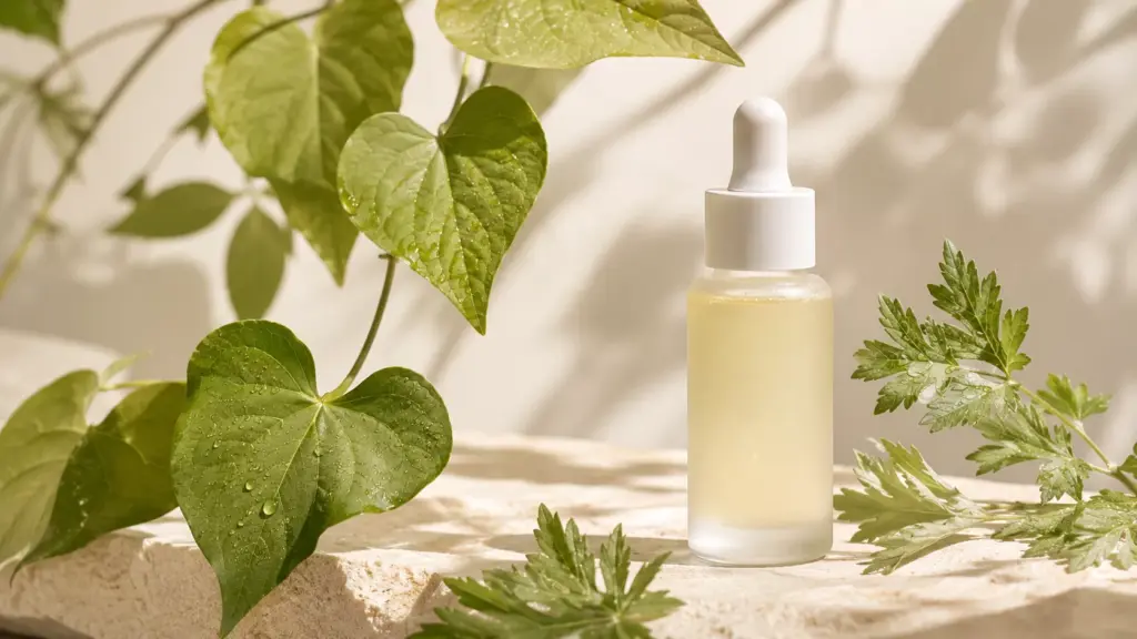 K-Beauty Retinol Guide: How to Start Anti-Aging Without the Purge 2 An aesthetic flat lay of a gentle serum for K-Beauty Retinol Guide surrounded by soothing mugwort and heartleaf botanicals.