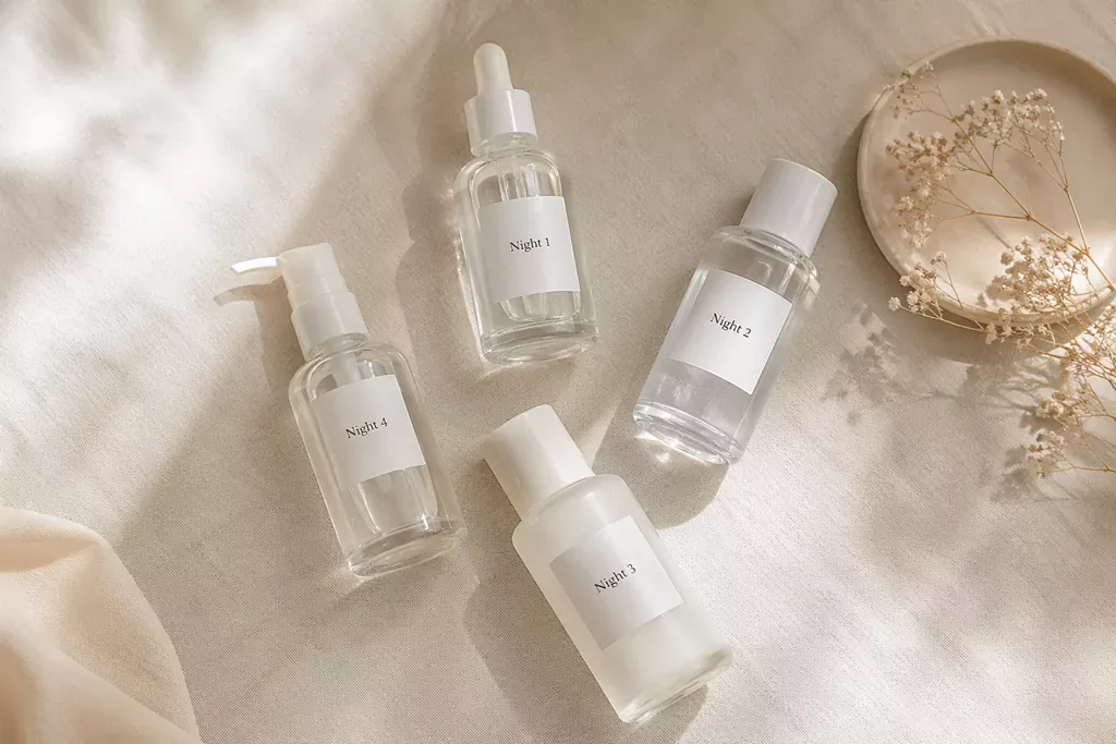 K-Beauty Skin Cycling Routine: The Ultimate 4-Night Guide for Glass Skin 1 A visual summary of the 4-night K-Beauty Skin Cycling Routine schedule with labeled product bottles.