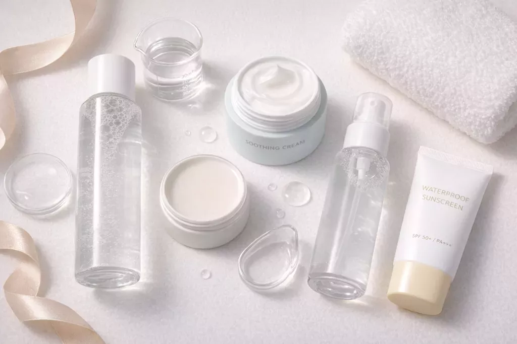 Why Your Sunscreen is Pilling Under Makeup: The K-Beauty Secret to a Flawless Base 2 A curated set of K-beauty products layered to solve the frustrating mystery of why your sunscreen is pilling under makeup for a smooth, flawless finish.