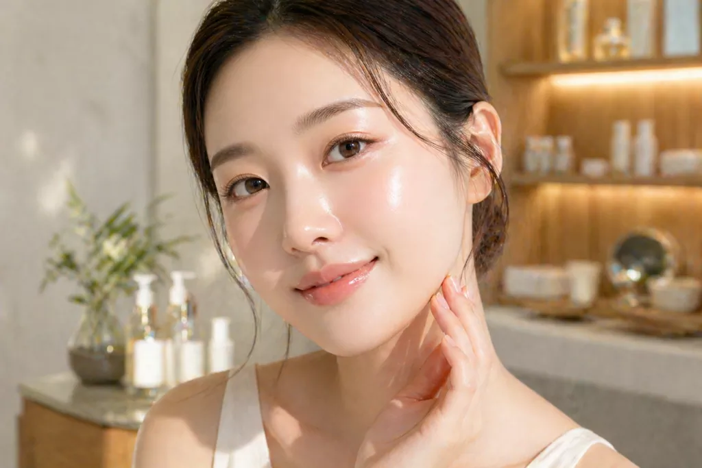 K-Beauty Skincare Routine Order: The Master Blueprint for a Flawless Complexion 2 A close-up of a woman with flawless, glass-like skin, representing the peak performance of a well-assembled K-Beauty Skincare Routine Order.