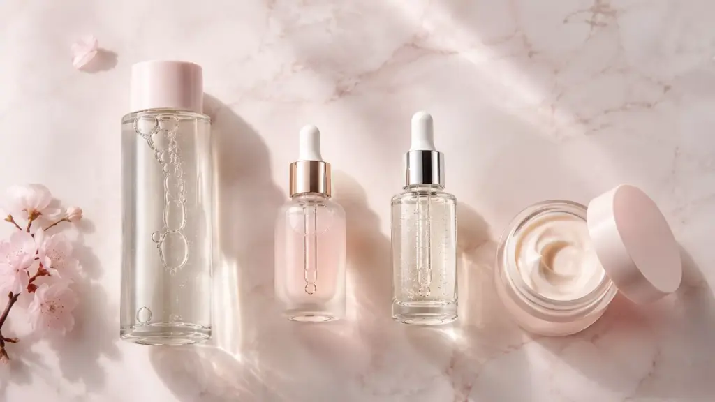 K-Beauty Skincare Routine Order: The Science-Backed Blueprint for Glass Skin 2 A scientific K-Beauty Skincare Routine Order breakdown showing clean cosmetic bottles for achieving glass skin.