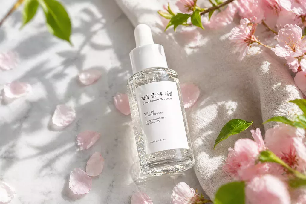 K-Beauty Spring Skincare Routine: How to Fix Your Barrier for a Seasonal Glow 1 A minimalist K-Beauty serum bottle surrounded by cherry blossoms, illustrating a fresh K-Beauty Spring Skincare Routine for glowing skin.
