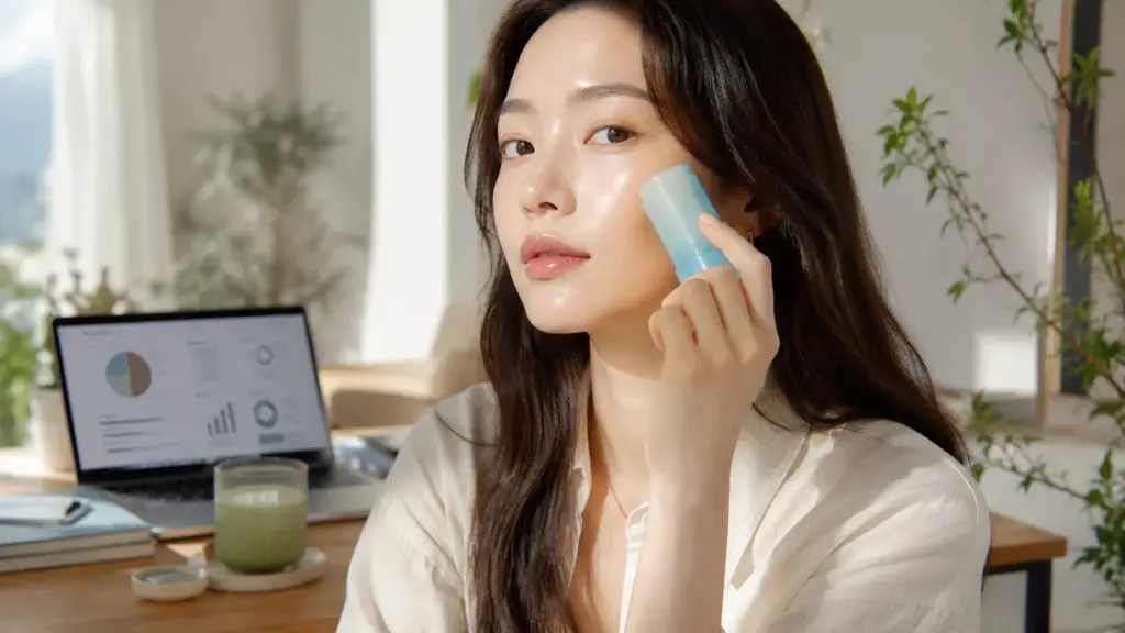Why Your Expensive Serums Are Evaporating: The Ultimate K-Beauty Sunscreen Guide 3 A modern lifestyle photo showing the seamless re-application method using a clear K-Beauty Sunscreen Guide stick over casual makeup in a bright home office.