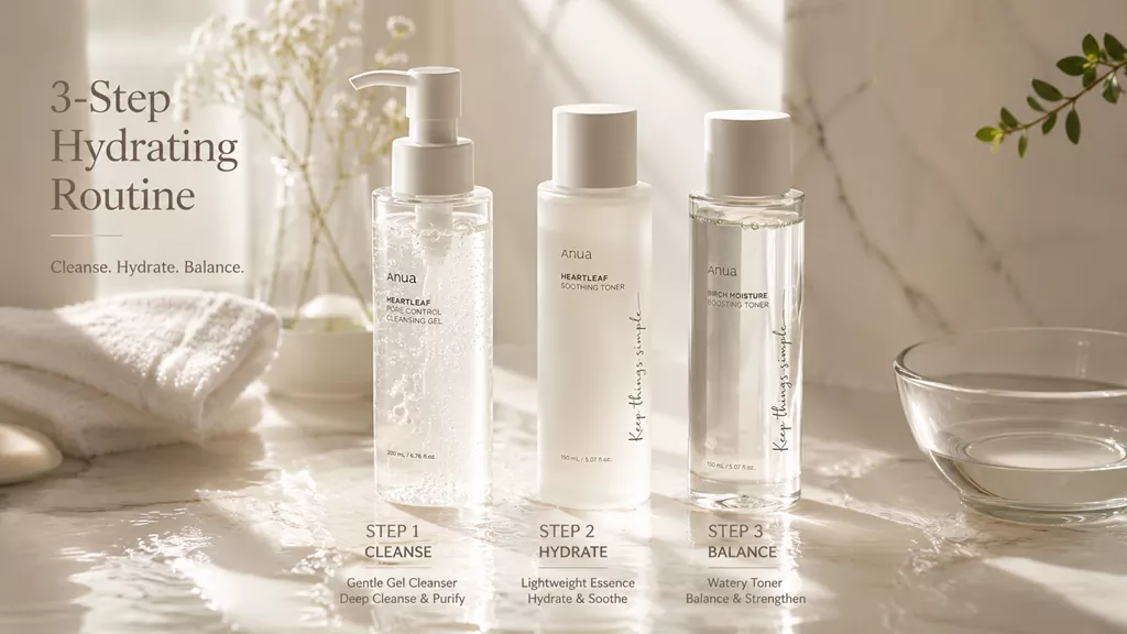Rebalancing Dehydrated Oily Skin: The "Water-First" Science to Fixing the Shiny-Yet-Tight Paradox 2 A minimalist 3-step K-beauty water-layering routine featuring a gentle gel cleanser and hydrating toner for dehydrated oily skin.