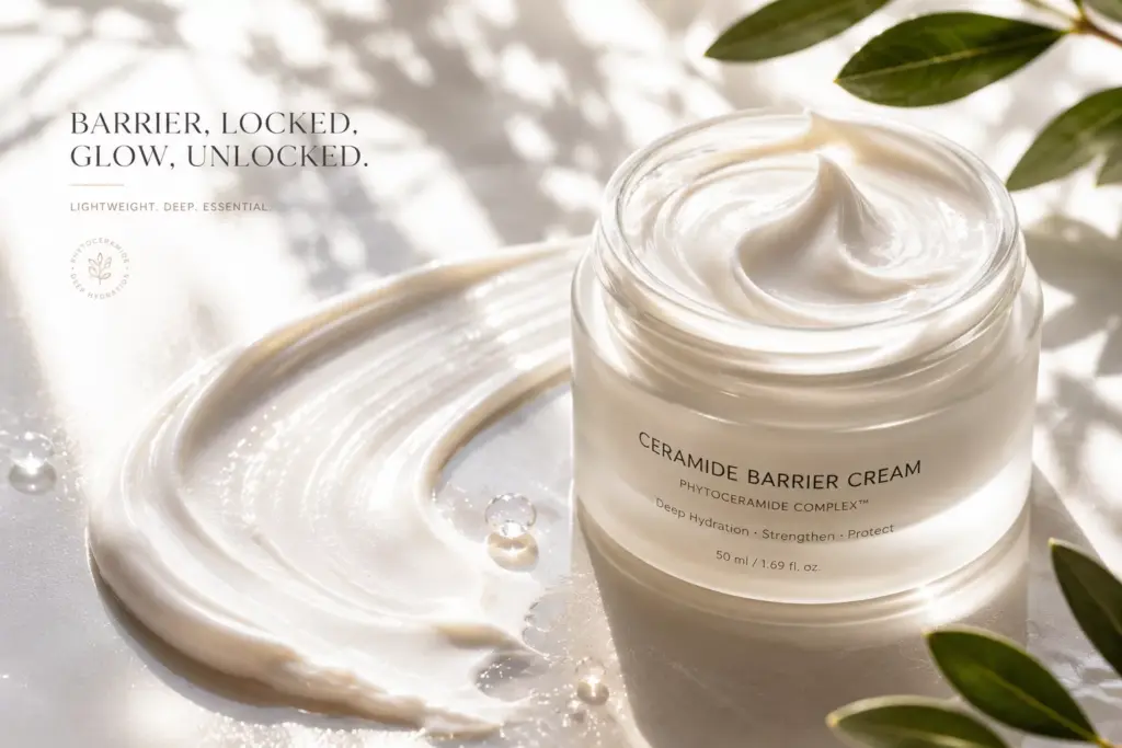 Ceramides Benefits for Skin: The Ultimate K-Beauty Barrier Sealant 3 A high-tech lightweight K-Beauty cream showcasing the advanced ceramides benefits for skin with seamless absorption.
