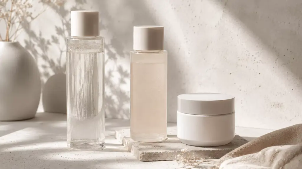 Korean Skincare Routine Structure: Why Your 10-Step Haul is Low-Key Hurting Your Face 2 A minimalist Korean skincare routine structure showing aesthetic bottles arranged from thinnest to thickest texture.