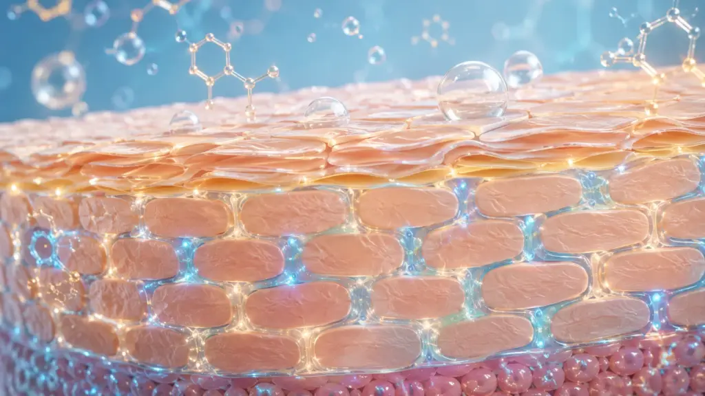 The Ultimate Skinimalism Guide: Why Your Barrier Only Needs 3 Core Ingredients 3 A scientific 3D illustration of a healthy skin barrier lipid matrix, demonstrating the cellular defense mechanism explained in this skinimalism guide.