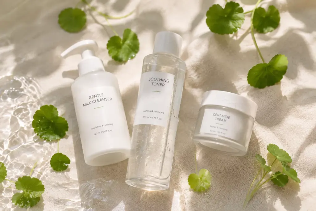 K-Beauty Barrier Repair Guide: How to Fix a Damaged Skin Barrier 3 A minimalist three-step skincare setup showcasing essential products for the K-Beauty Barrier Repair Guide.
