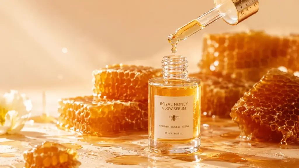 K-Beauty Glow Secret: Unlocking Propolis Extract Benefits for Skin 2 A luxury glass dropper bottle demonstrating the rich, golden honey-like texture and Propolis Extract Benefits for Skin barrier repair.