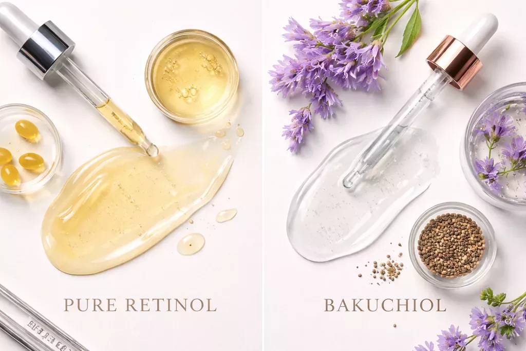 K-Beauty Retinol Guide: How to Start Anti-Aging Without the Purge 2 Comparing pure retinol and bakuchiol textures for the K-Beauty Retinol Guide for sensitive skin.