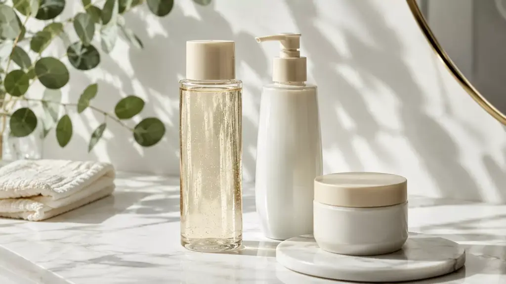The Ultimate Skinimalism Guide: Why Your Barrier Only Needs 3 Core Ingredients 2 A flat lay of three essential skincare products on a clean bathroom counter, serving as a visual reference for the ultimate skinimalism guide.