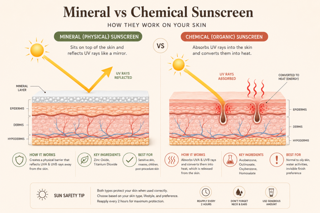 Why Most Sunscreens Cause Breakouts: The Mineral vs. Chemical Guide for Reactive Skin 1 An educational infographic comparing mineral vs. chemical UV filters on a sensitive skin barrier to show why most sunscreens cause breakouts.