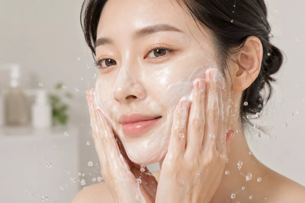 Best Cleansing Oil for Sensitive Skin K-Beauty: How to Double Cleanse Without Irritation 2 The milky emulsification process of the best cleansing oil for sensitive skin k beauty turning into a white fluid with water.