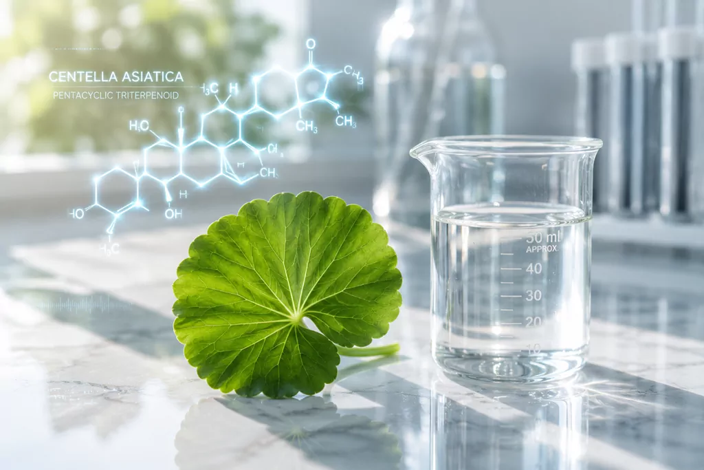 The Science of Cica: The Ultimate Centella Active Compounds Audit for Hyper-Sensitive Skin 1 A professional laboratory analysis and Centella active compounds audit visualization showing the molecular structure of purified triterpenes.