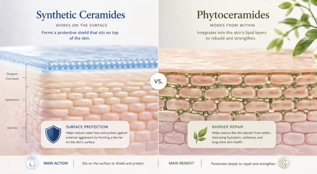 Ceramide vs Phytoceramide: The Modern Guide to Healing a Starving Skin Barrier 2 A comparative scientific diagram illustrating Ceramide vs Phytoceramide molecular absorption depths within the human skin barrier.