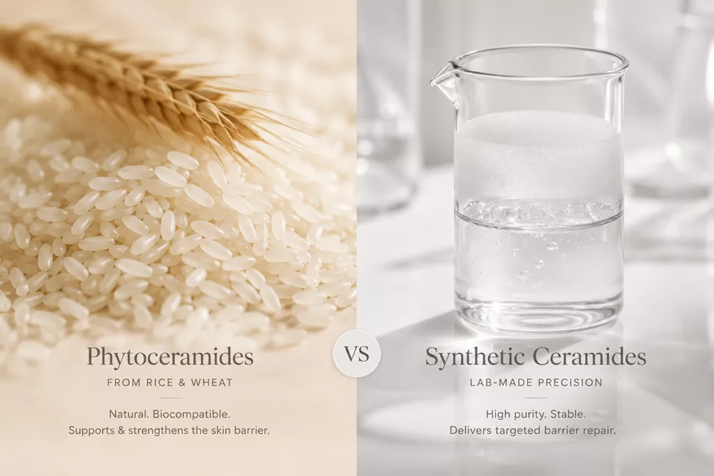 Ceramide vs Phytoceramide K-Beauty Guide: The 2026 Secret to Fixing a "Starving" Skin Barrier 1 A detailed visual comparison infographic for the Ceramide vs Phytoceramide ingredient audit, showing the plant-based origin of phytoceramides.