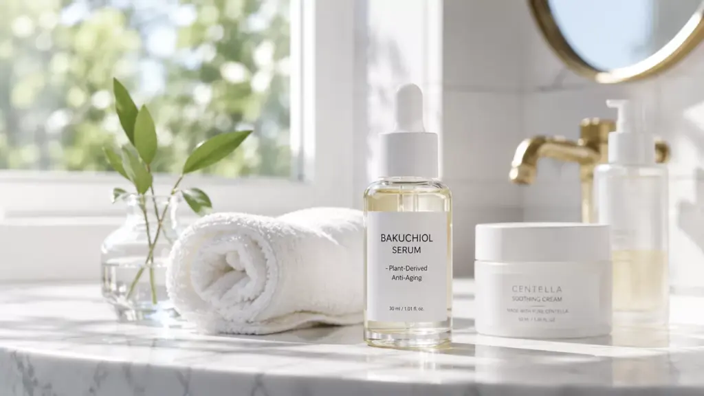 K-Beauty Bakuchiol Benefits: The Ultimate Glass Skin Blueprint for Reactive Skin 2 A minimalist K-beauty vanity display highlighting a daily glass skin routine centered around K-Beauty Bakuchiol Benefits.